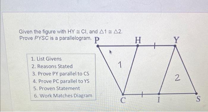 Solved Given the figure with HY≅Cl, and 1≅ 2. Prove PYSC is | Chegg.com