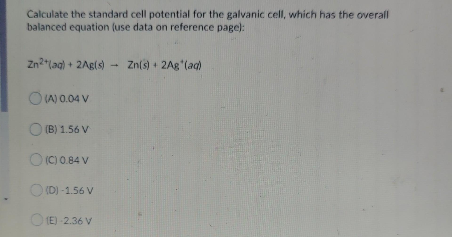 Solved Calculate the standard cell potential for the | Chegg.com