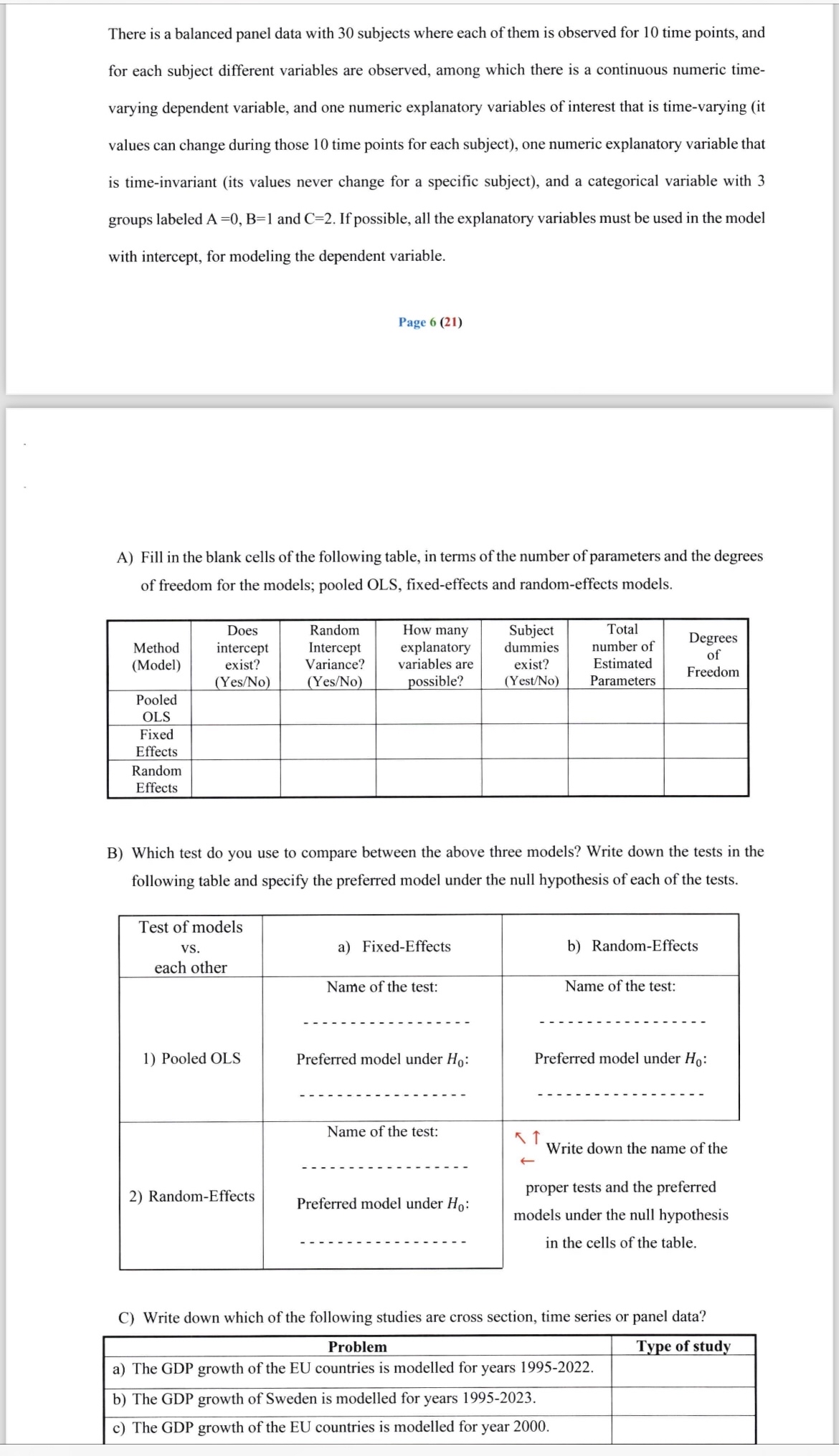Solved There is a balanced panel data with 30 ﻿subjects | Chegg.com
