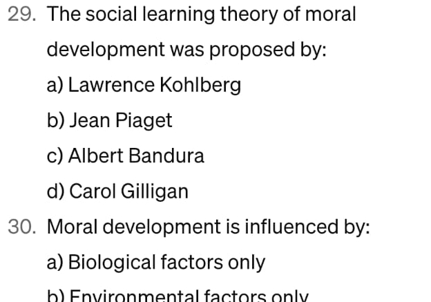 Solved The social learning theory of moral development was Chegg