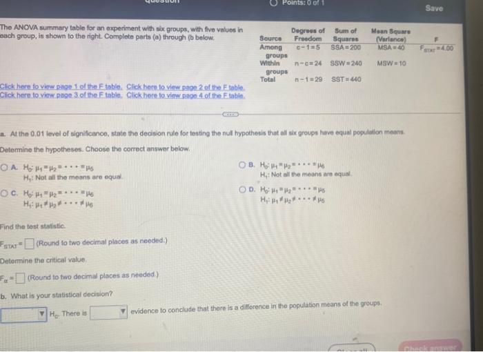 Solved The ANOVA summary table for an oxperiment with six | Chegg.com
