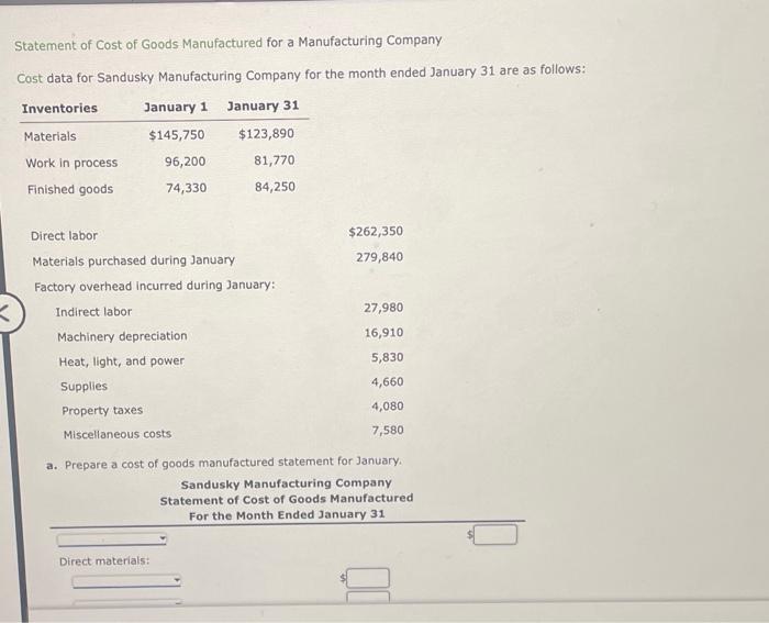 Solved Statement of Cost of Goods Manufactured for a | Chegg.com