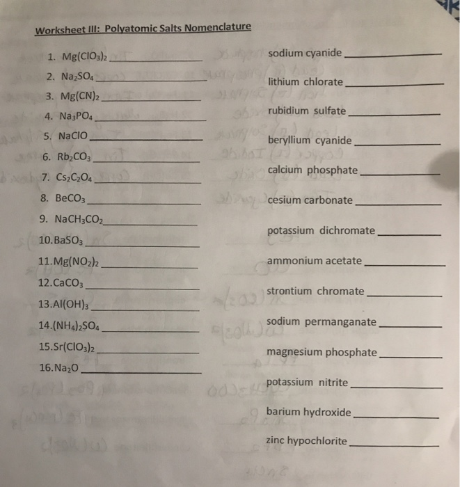 Solved Worksheet Ill: Polyatomic Salts Nomenclature sodium | Chegg.com