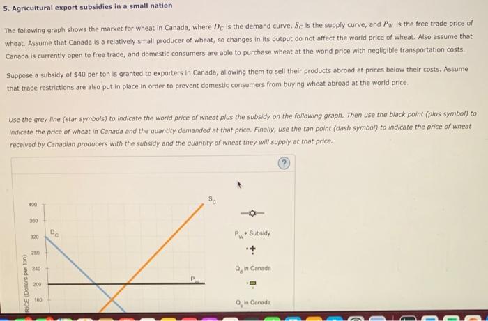 The following graph shows the market for wheat in Canada, where \( D_{C} \) is the demand curve, \( S_{C} \) is the supply cu