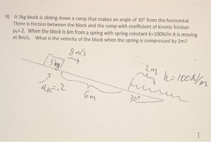 Solved 9) A 5kg block is sliding down a ramp that makes an | Chegg.com