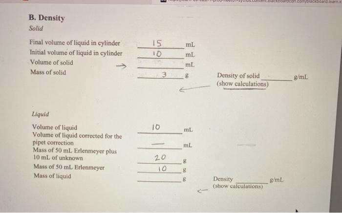 Solved Area B. Density Solid Final Volume Of Liquid In | Chegg.com