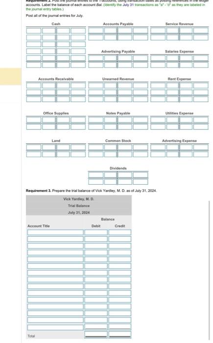 the jourral entry tables.)
Post al of the jeurnal ectries for July
Pequirement 3. Prepare the trial balance of Vick Yardiey. 