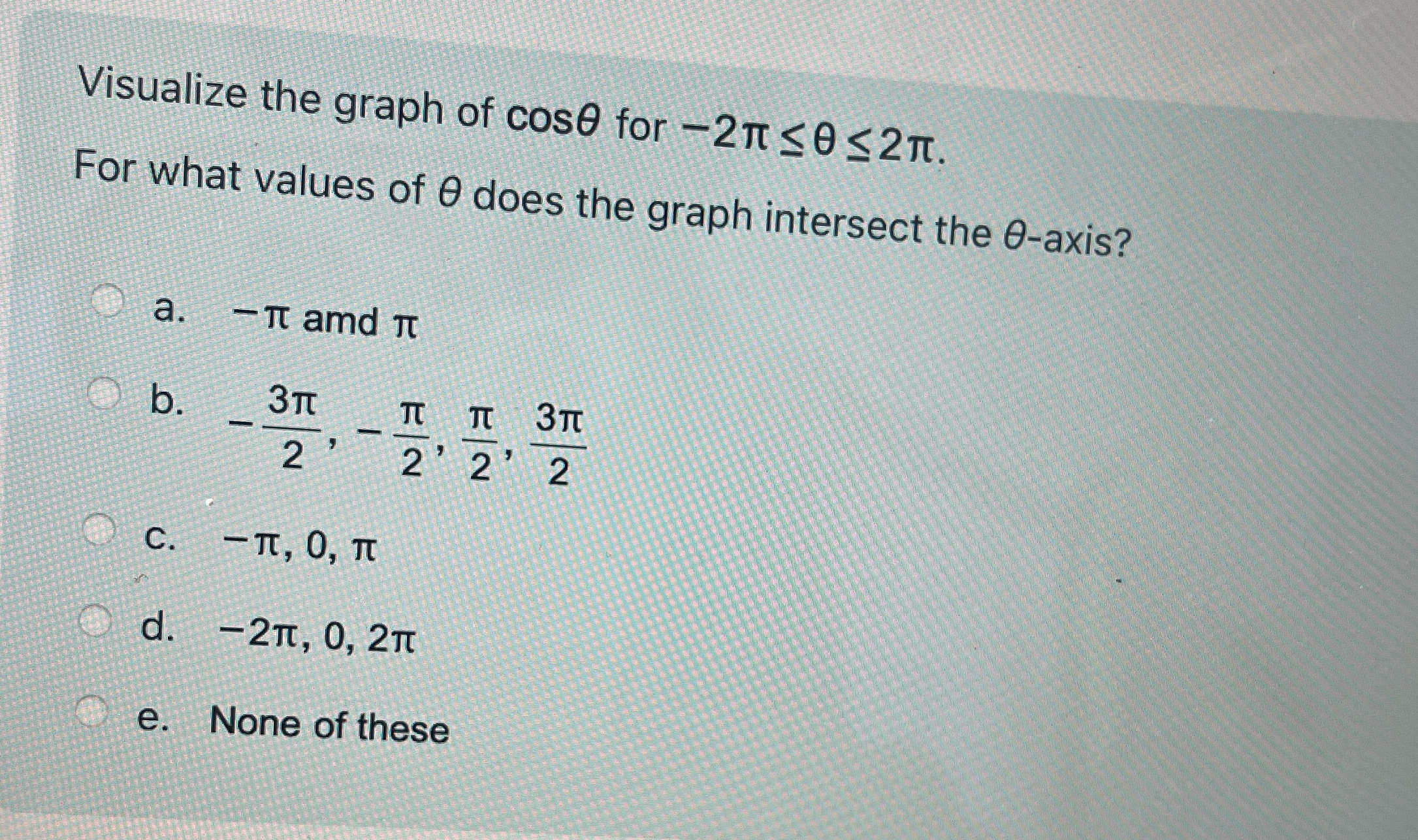 Solved Visualize the graph of cosθ ﻿for -2π≤θ≤2π.For what | Chegg.com