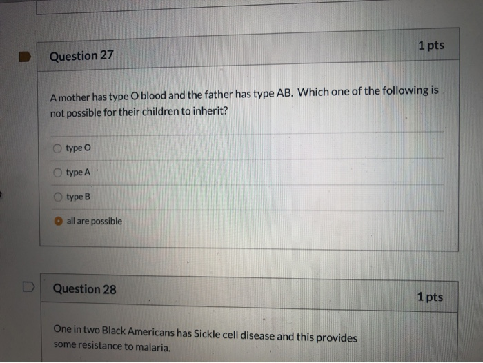 Solved 1 pts Question 27 A mother has type O blood and the | Chegg.com