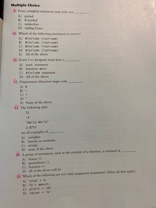 Solved Multiple Choice 9. Every complete statement ends with | Chegg.com