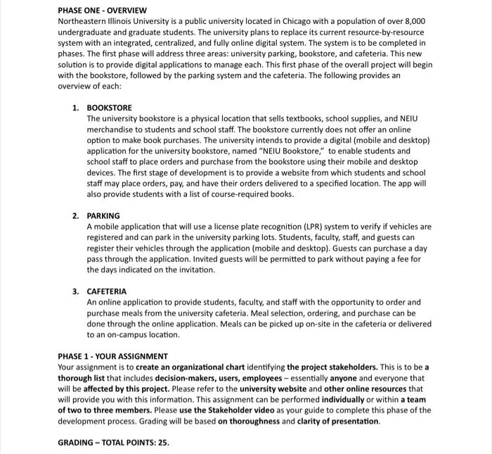 Solved PHASE ONE - OVERVIEW Northeastern Illinois University | Chegg.com