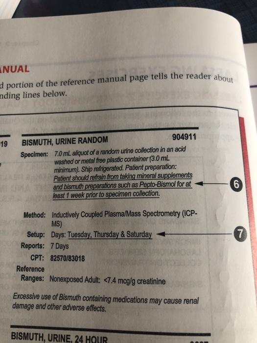 INUAL d portion of the reference manual page tells the reader about nding lines below. 19 BISMUTH, URINE RANDOM 904911 Specim
