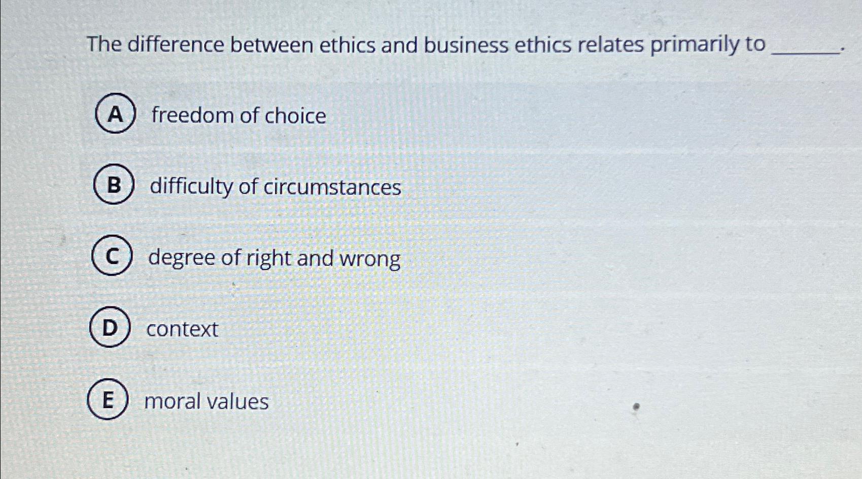 Solved The difference between ethics and business ethics | Chegg.com