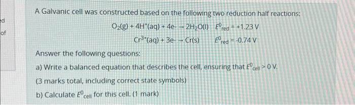 Solved A Galvanic cell was constructed based on the | Chegg.com