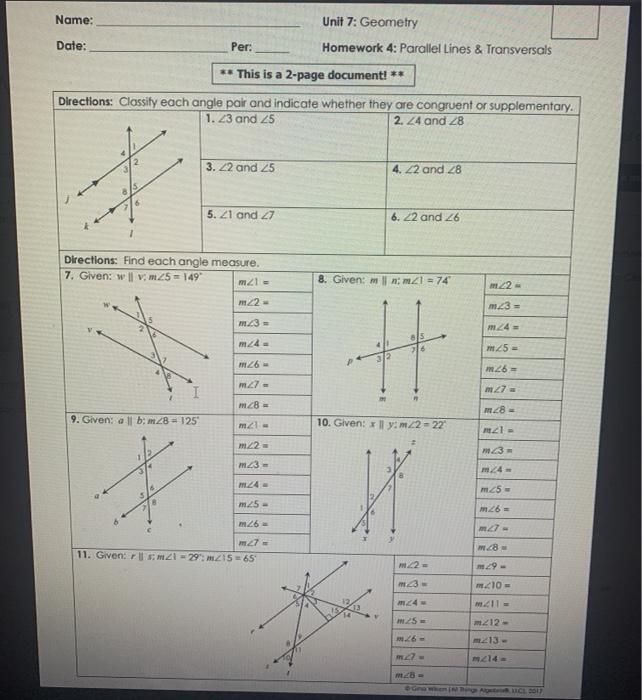 Solved Name: Unit 7: Geometry Homework 4: Parallel Lines & | Chegg.com