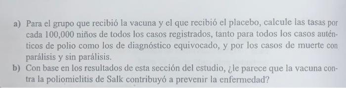 a) Para el grupo que recibió la vacuna y el que recibió el placebo, calcule las tasas por cada 100,000 niños de todos los cas