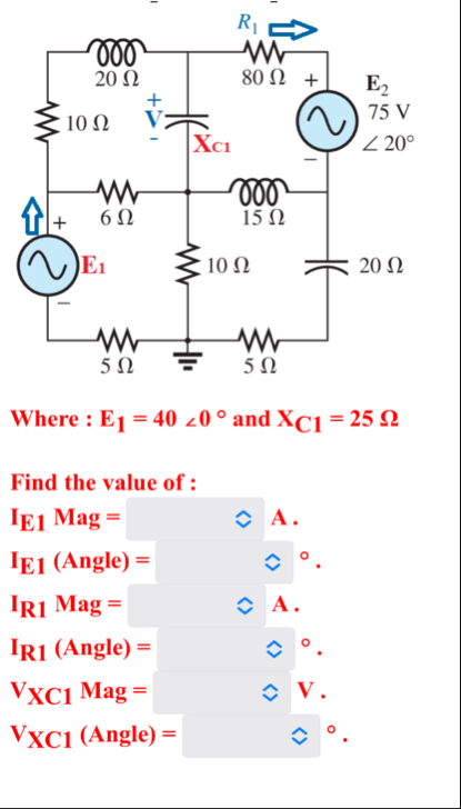 Where : E1=40 ﻿and xC1=25ΩFind the value of :IE1 | Chegg.com
