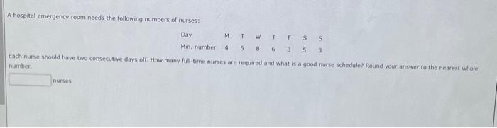 A hospital emergency room needs the following numbers of nurses:
Fach nurse should have two consecutive days off. How many fu