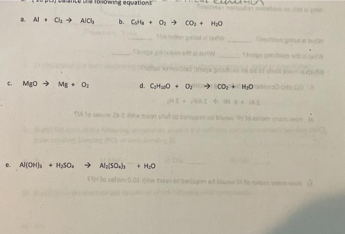 Solved Ule Foliowing Equations A Al Cl2 → Alcl3 B Cshg