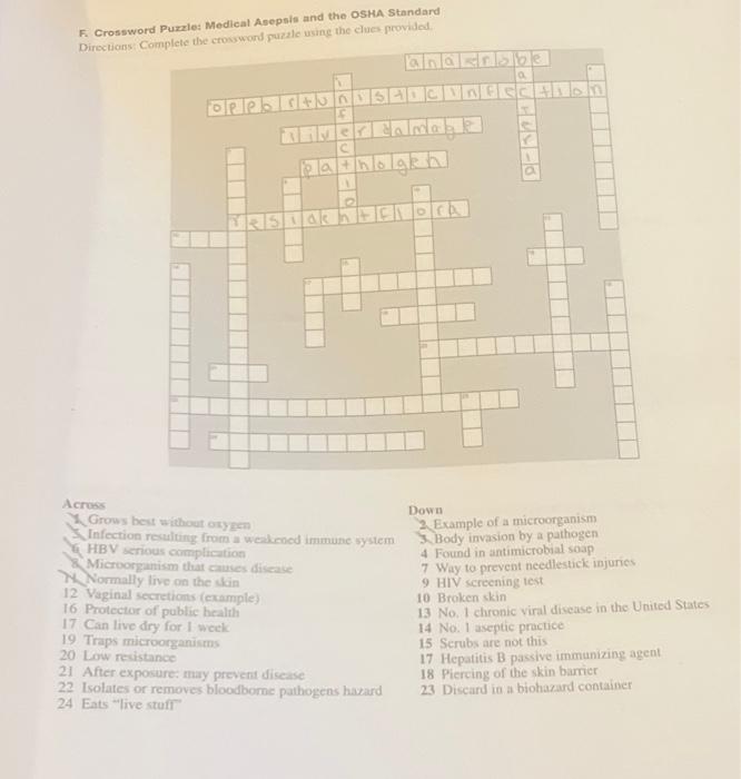 Solved F Crossword Puzzle: Medical Asepsis and the OSHA Chegg com