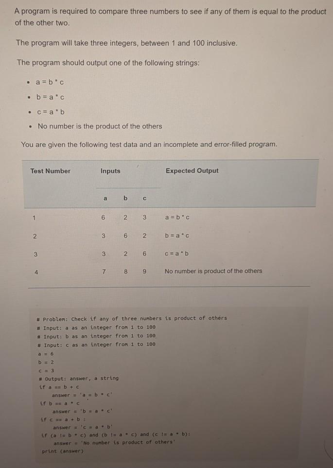 Solved A program is required to compare three numbers to see | Chegg.com
