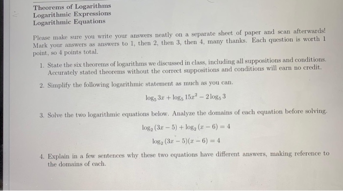 Solved Theorems of Logarithms Logarithmic Expressions | Chegg.com