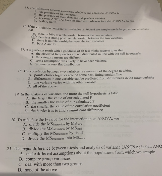 Solved 15 The Difference Between A One way ANOVA And A Chegg