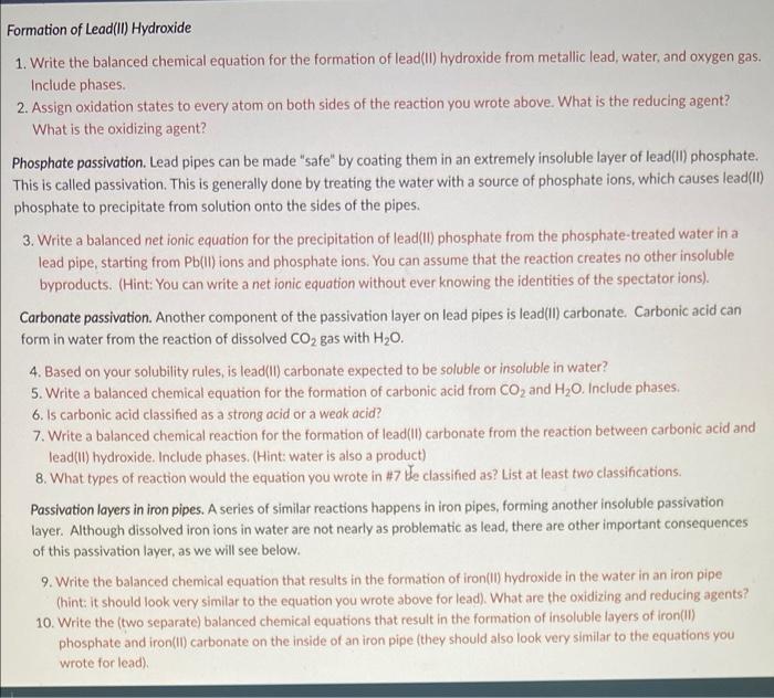 Solved Formation of Lead(II) Hydroxide 1. Write the balanced