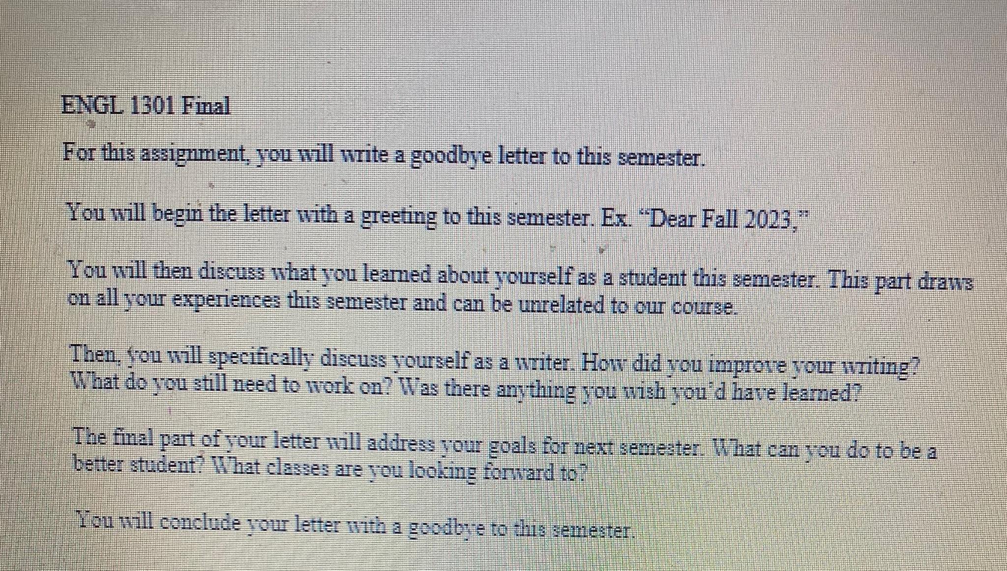 Solved ENGL 1301 ﻿FinalFor this assignment, you will write a | Chegg.com