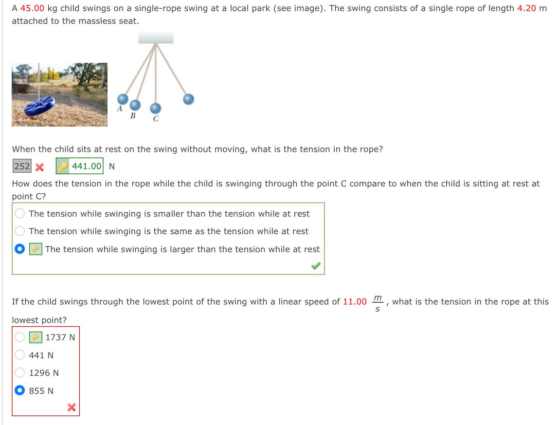 Solved A 45.00kg ﻿child swings on a single-rope swing at a | Chegg.com