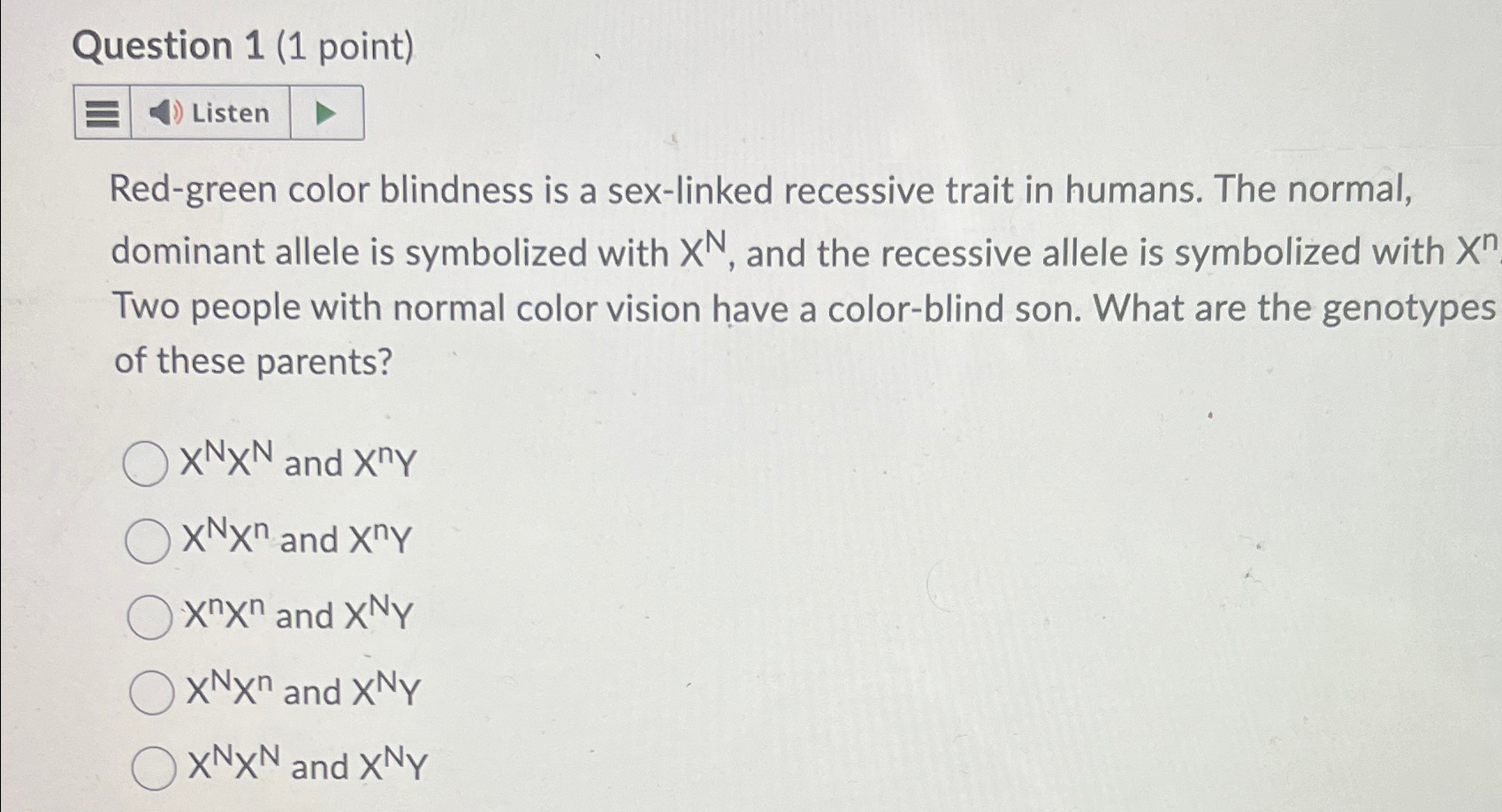 Solved Question 1 (1 ﻿point)Red-green color blindness is a | Chegg.com