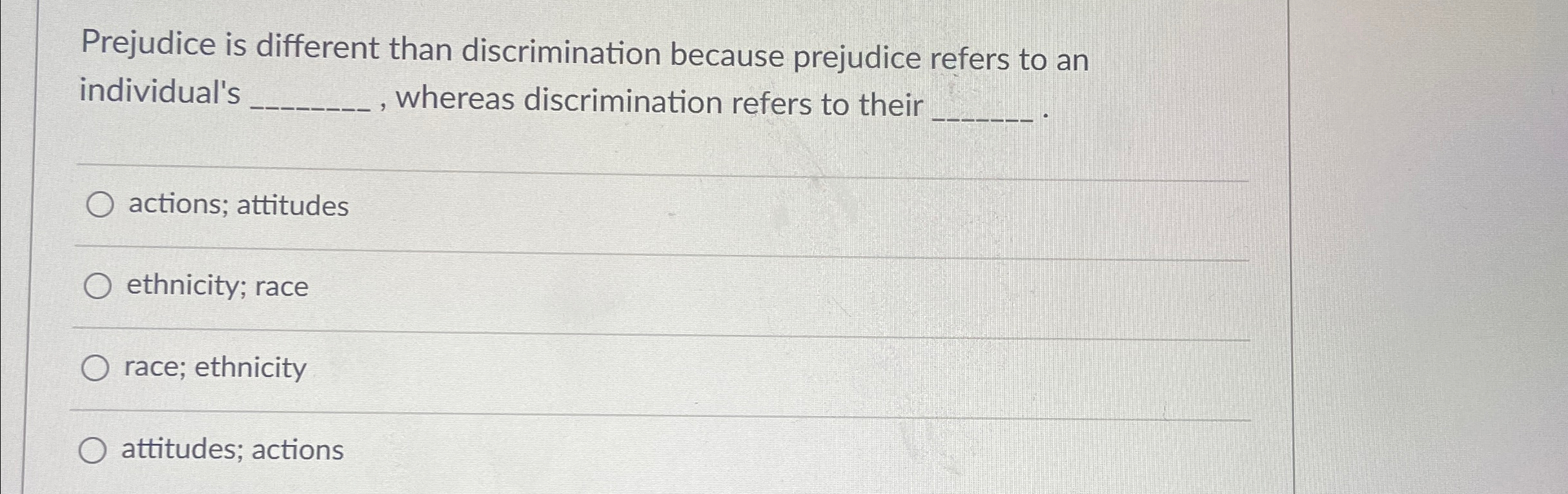 Solved Prejudice is different than discrimination because | Chegg.com