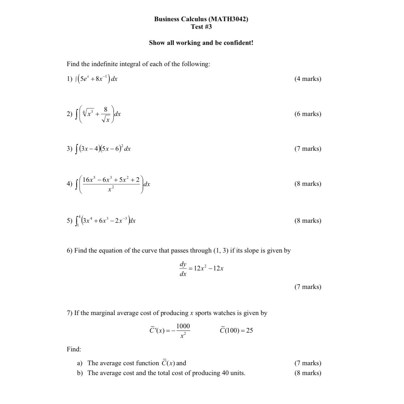 Solved Business Calculus (MATH3042)Test #3Show all working | Chegg.com