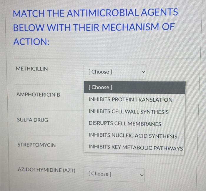 Solved MATCH THE ANTIMICROBIAL AGENTS BELOW WITH THEIR | Chegg.com