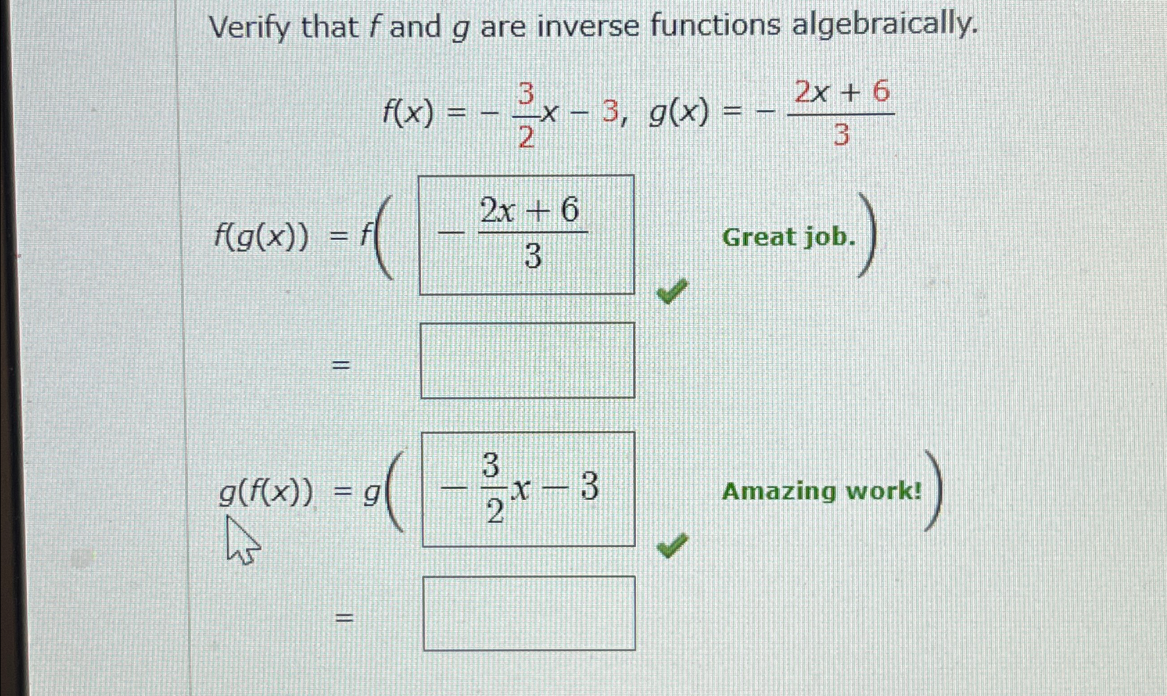 Solved Verify that f ﻿and g ﻿are inverse functions | Chegg.com