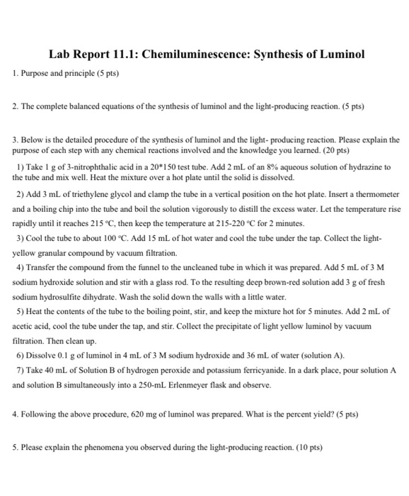 Solved Lab Report 11.1 Chemiluminescence Synthesis of