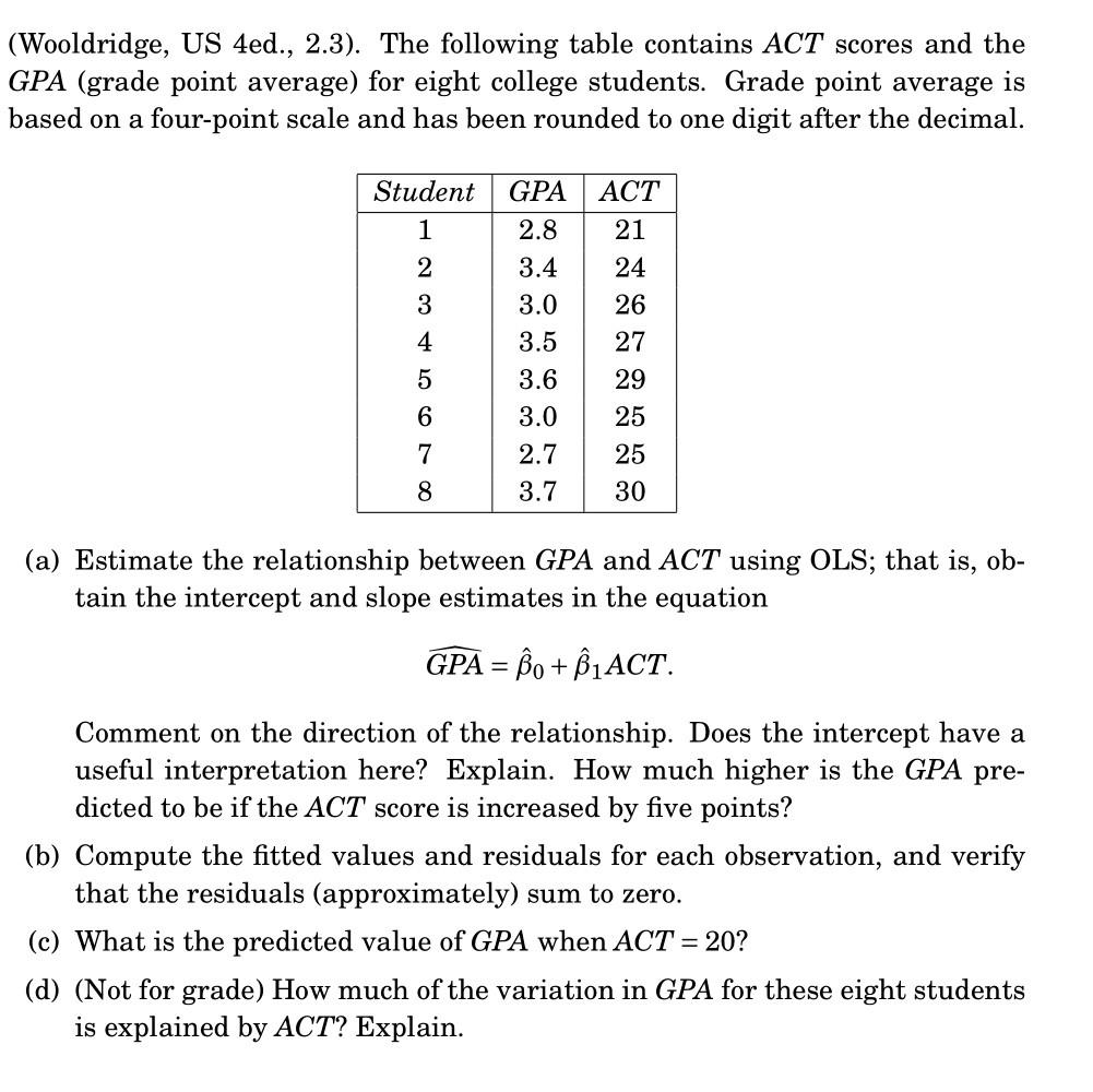 Solved (Wooldridge, US 4ed., 2.3). The Following Table | Chegg.com