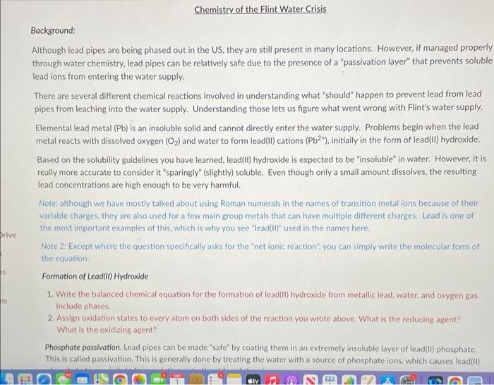 Solved Chemistry of the Flint Water Crisis Background