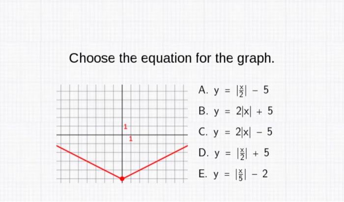 Choose the equation for the graph. A. y = 111 - 5 B. y = 2x + 5 C. y = 2xl - 5 D. y = || + 5 E. y = 11 - 2