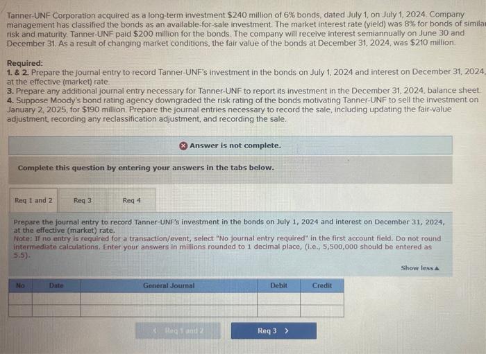 Solved Tanner-UNF Corporation acquired as a long-term | Chegg.com