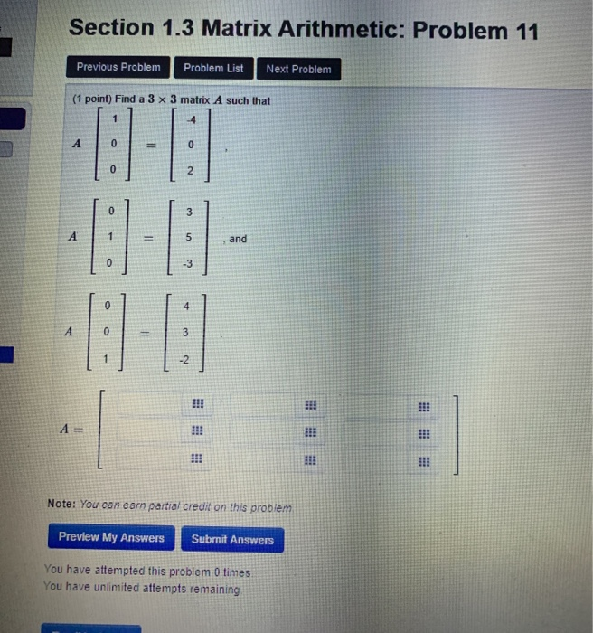 Solved Section 1.3 Matrix Arithmetic: Problem 11 Previous | Chegg.com