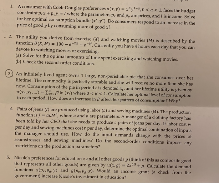 Solved 1. A consumer with Cobb-Douglas preferences u(x,y) = | Chegg.com