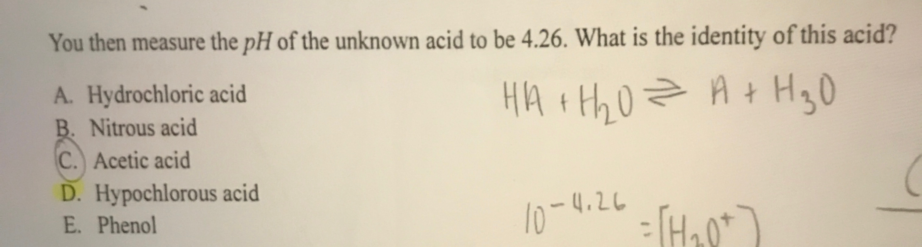 Solved You then measure the pH ﻿of the unknown acid to be | Chegg.com