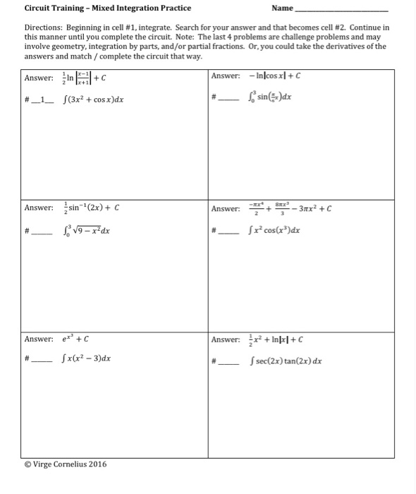 Solved Circuit Training - Mixed Integration Practice Name | Chegg.com