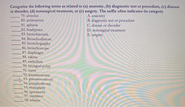 Categorize the following terms as related to (a) anatomy, (b) diagnostic test or procedure, (c) disease or disorder, (d) nons