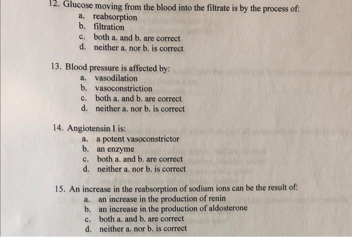 Solved 12. Glucose moving from the blood into the filtrate | Chegg.com