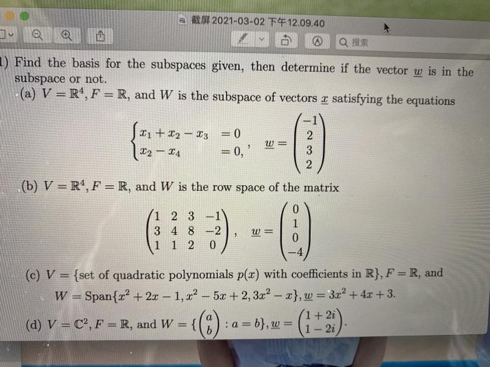 Solved 3421 03 02 F412 09 40 04 Q 1 Find The Basis F Chegg Com