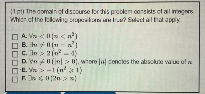 Solved (1 pt) The domain of discourse for this problem | Chegg.com