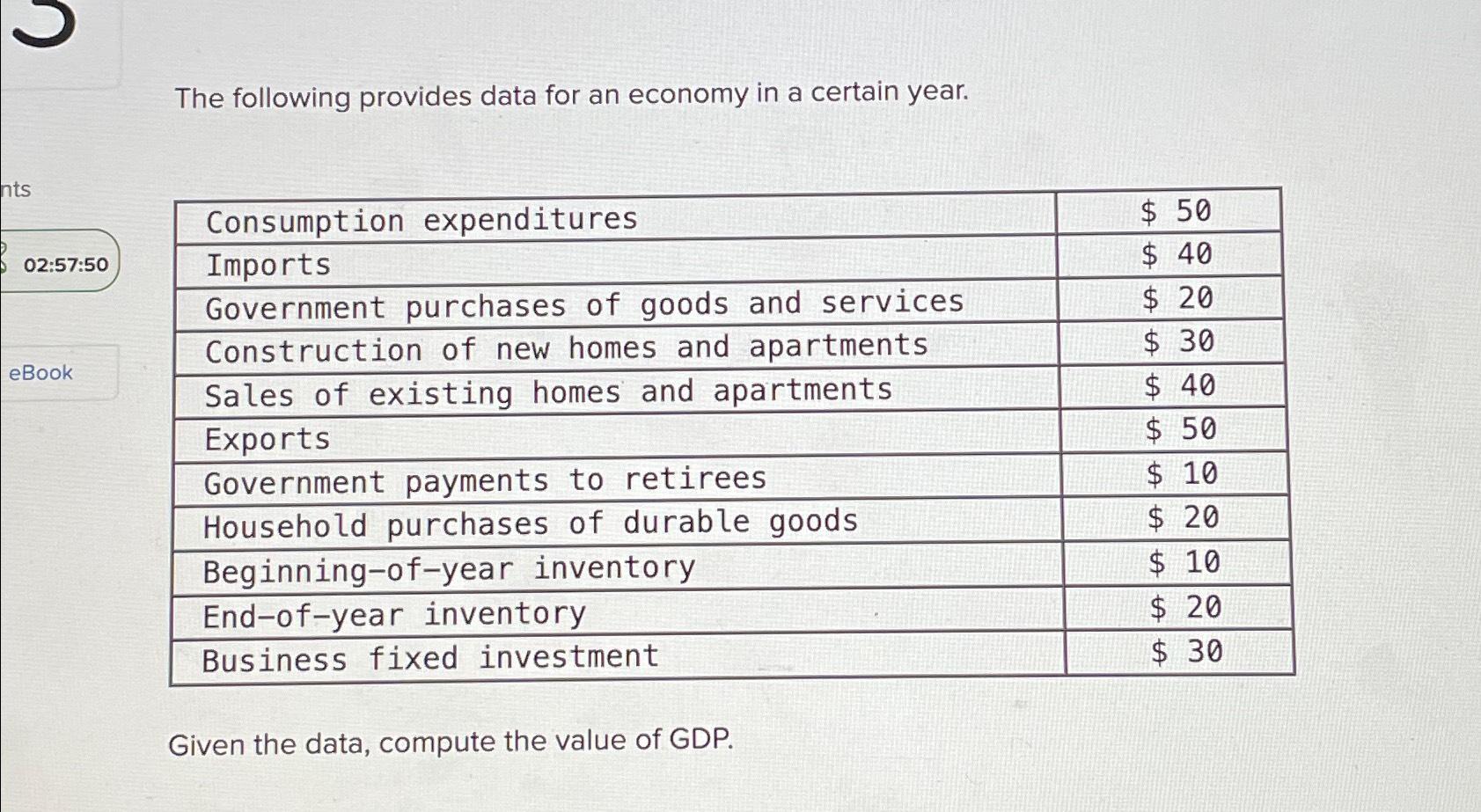 Solved The following provides data for an economy in a | Chegg.com