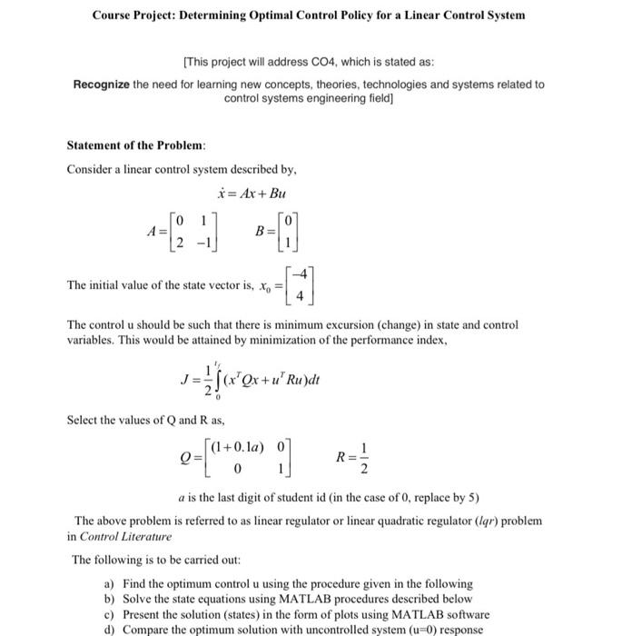 Solved Course Project: Determining Optimal Control policy | Chegg.com